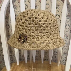 Elegant Tan Handmade Crochet Bucket Hat with Brooch